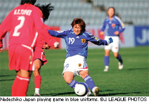Nadeshiko Japan playing game in blue uniforms.